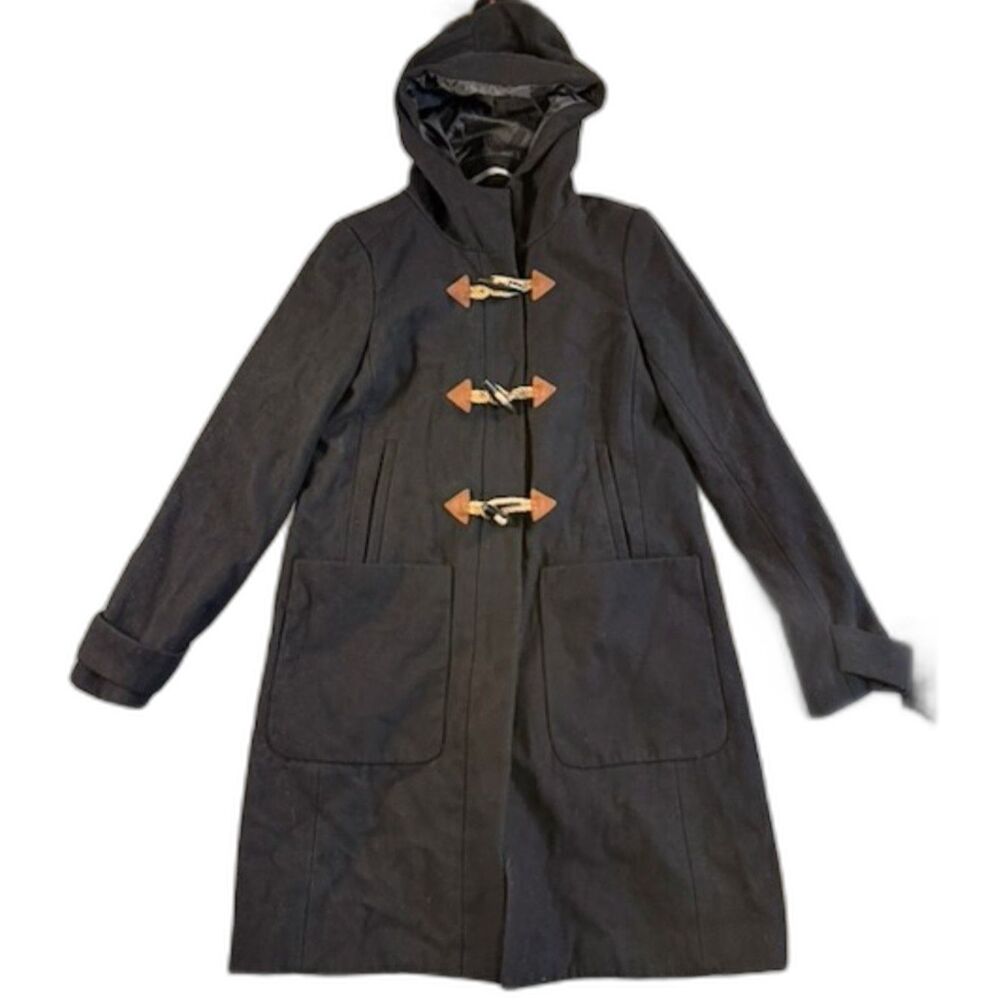 J Crew Womens Size 8 Black Hooded Duffle Coat Toggle Closure Long Winter Jacket